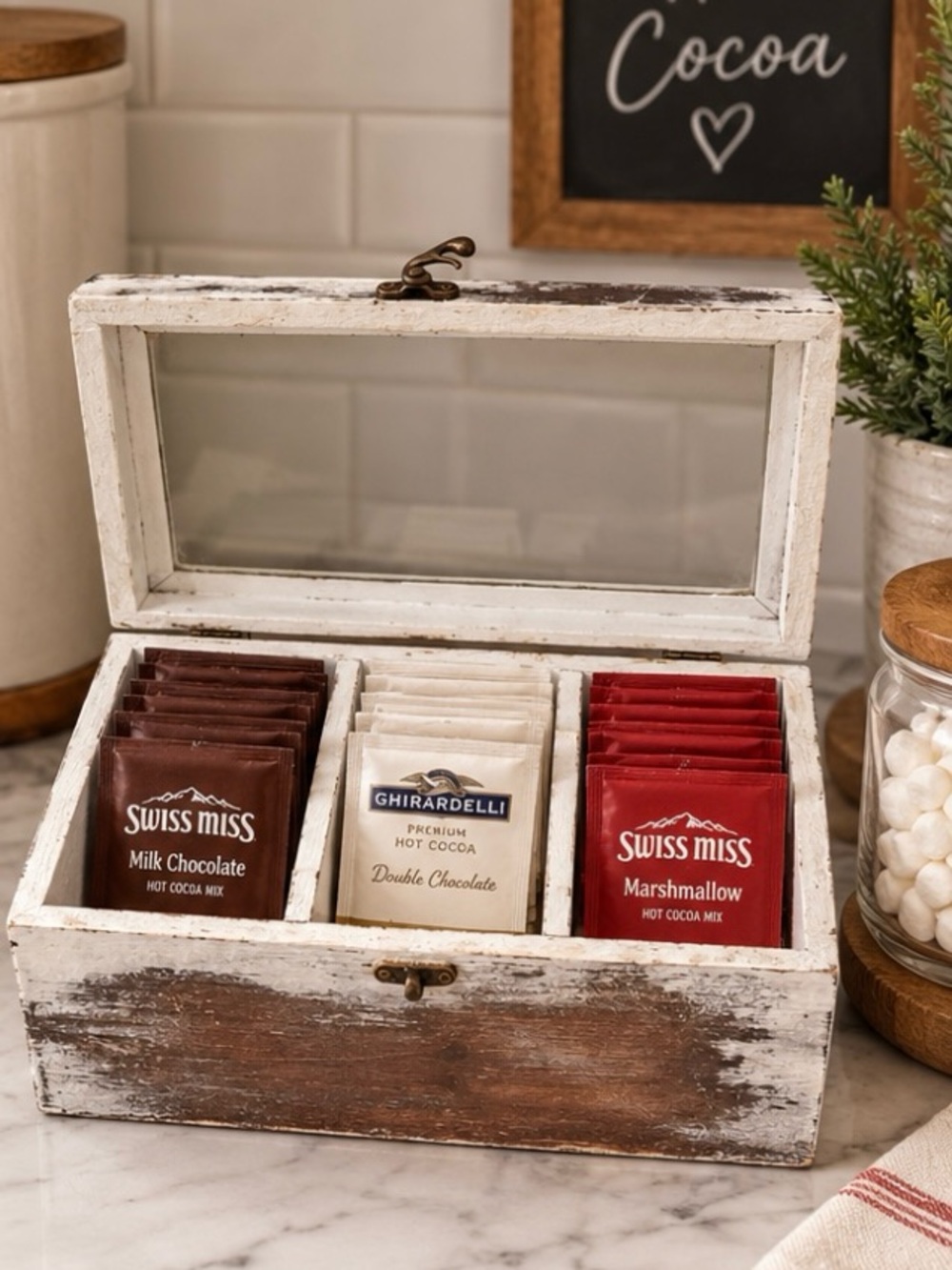 Tea Hot Cocoa Packet Organizer Box - Distressed White Wood Keepsake Glass Top